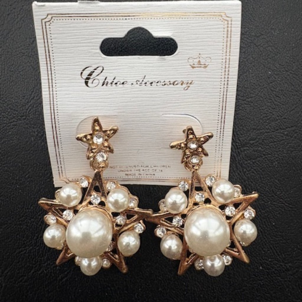 Chloe Accessory Earrings-Gold Tone-Faux Pearl-Rhinestones